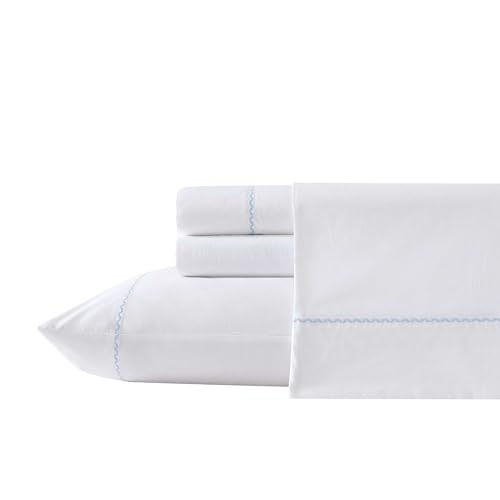 Laura Ashley Queen Size Sheet Set Crisp Breathable Cotton Percale Bedding with Fitted Sheet and Pillowcases Lightweight Bed Set Deep Pocket College Dorm Room Essentials Pastel Blue - Image 1