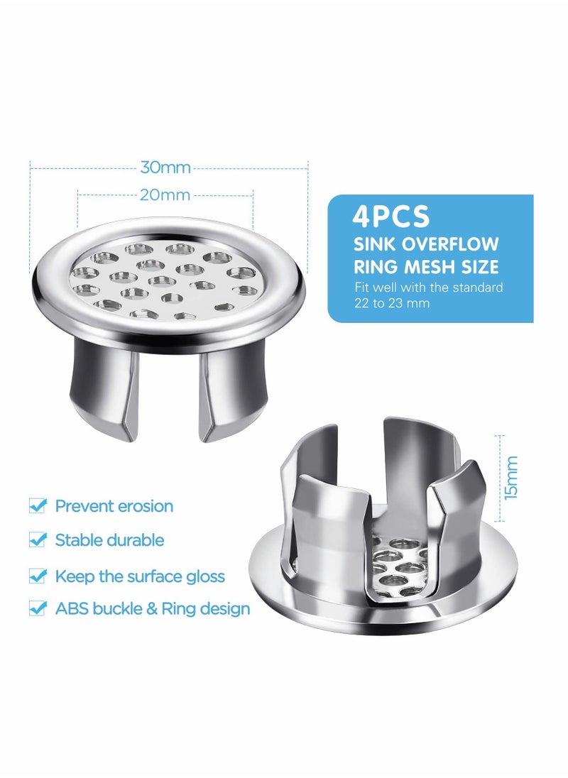 Y&D - Sink Overflow Ring, KASTWAVE Kitchen Bathroom Hole Round Cover Basin Trim Drain Cap Insert in Spares, 30mm Silver (4 Pieces Mesh-Type) - Image 1