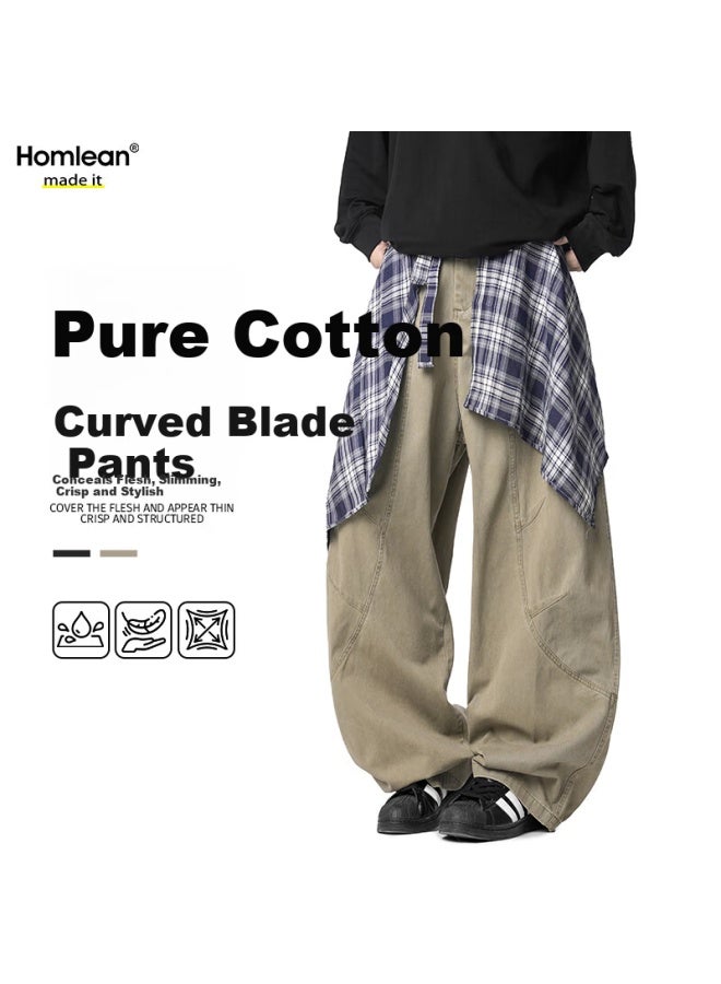 Homlean American Casual Pants Curved Blade Work Pants Autumn Winter Trendy Men's Straight Loose Wide-leg Pants Hz51 Khaki S - Image 1
