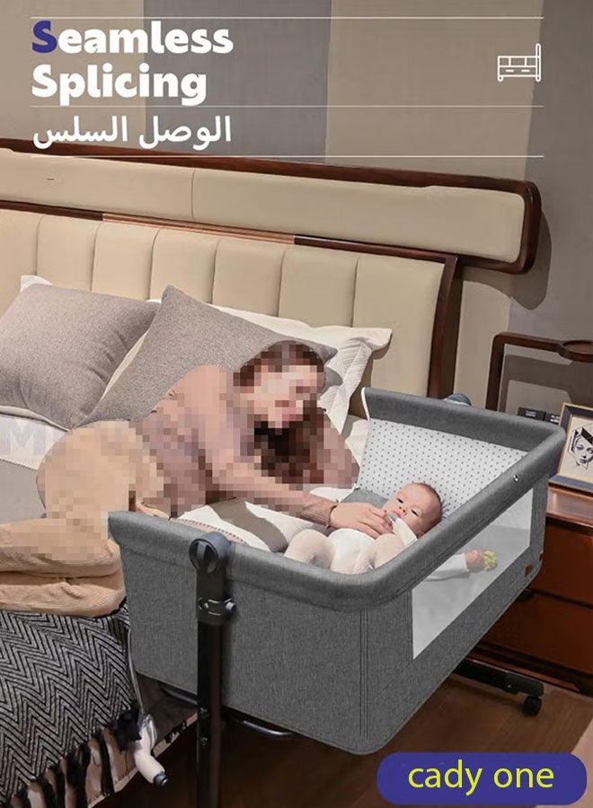 كادي ون سرير أطفال فاخر بجانب السرير، سرير أطفال مع سلة تخزين كبيرة، طقم فراش سفر 3 في 1، سرير أطفال مع ناموسية قابلة للتهوية، مرتبة ناعمة، عجلات دوارة 360 درجة للأطفال الرضع وحديثي الولادة (رمادي غامق)  - Image 3