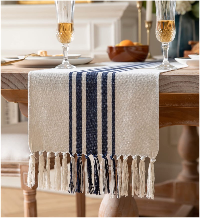 Boho Table Runner for Modern Farmhouse Decor Dining Table dcor 13 x 72 Inch Long with Handcrafted Tassels Navy Blue and Beige Stripe Table Runner for Home Boho dcor