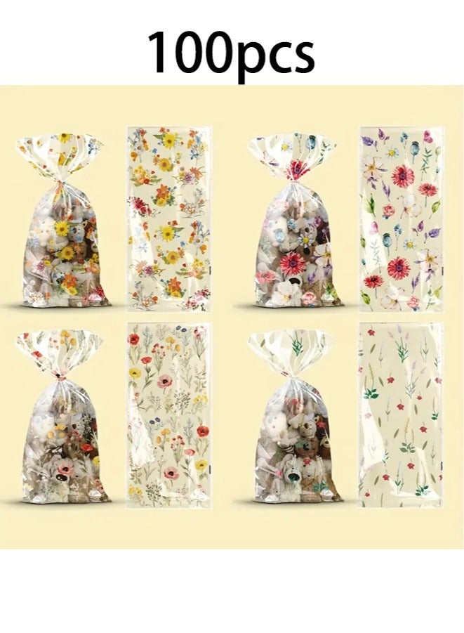 Zeemey 100 Transparent Candy Bags, Tote Bags, 4 Floral Patterns, Assorted Gift Bags, 300g Weight Capacity, Wedding Party Gifts, Snack Gift Packaging Bags (12.5x27cm) - Image 1
