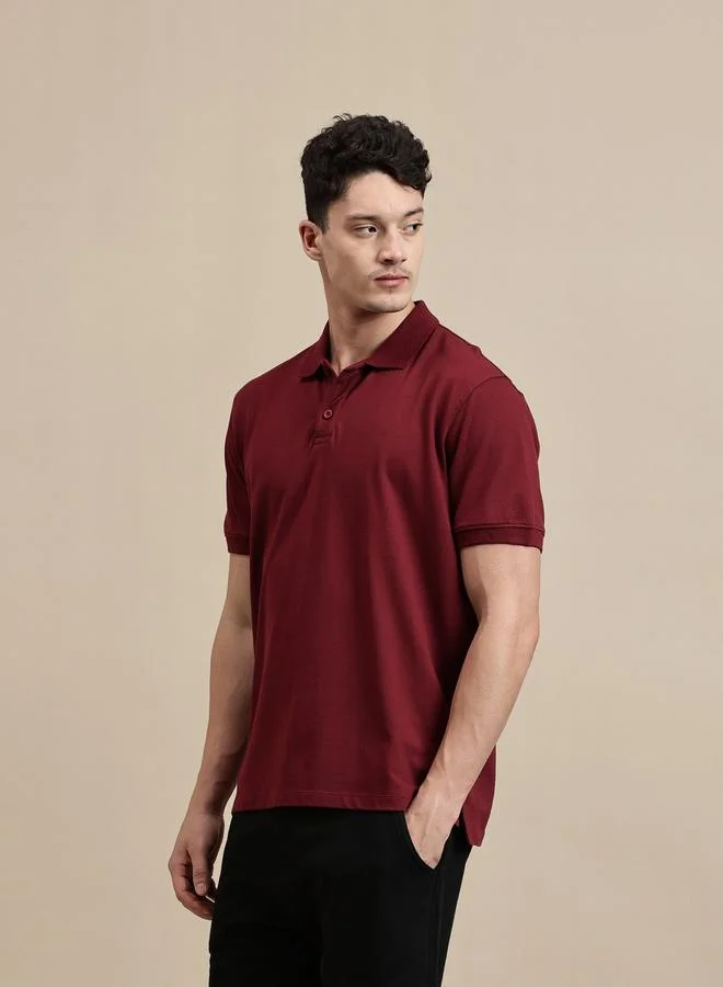 ECOLORE Men Burgundy Solid Regular Fit Polo T-Shirt