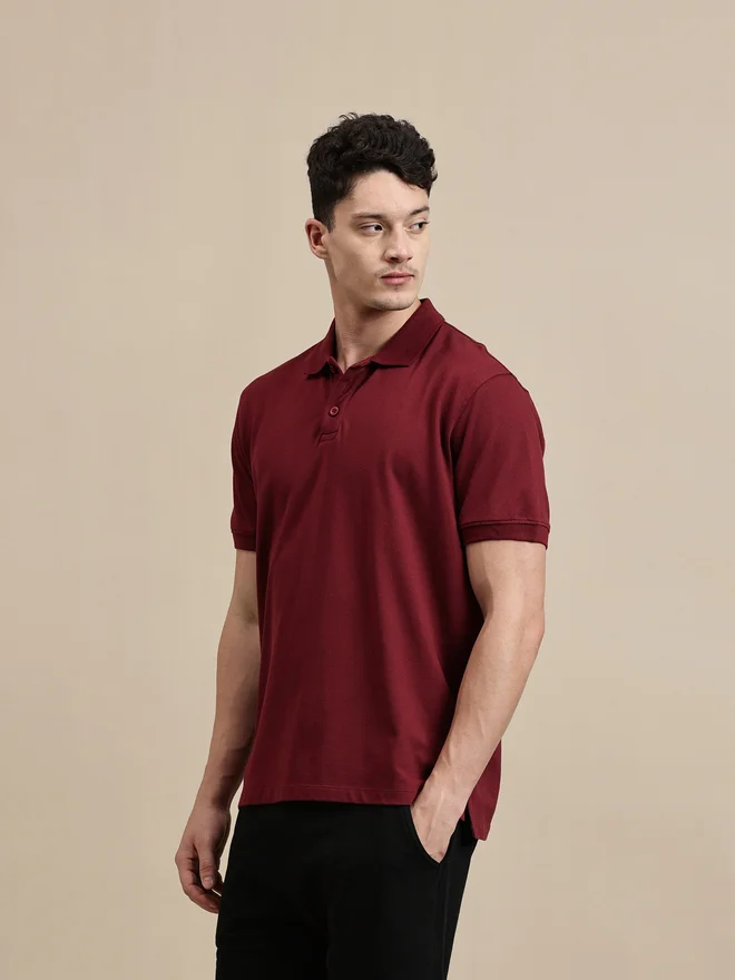 ECOLORE Men Burgundy Solid Regular Fit Polo T-Shirt