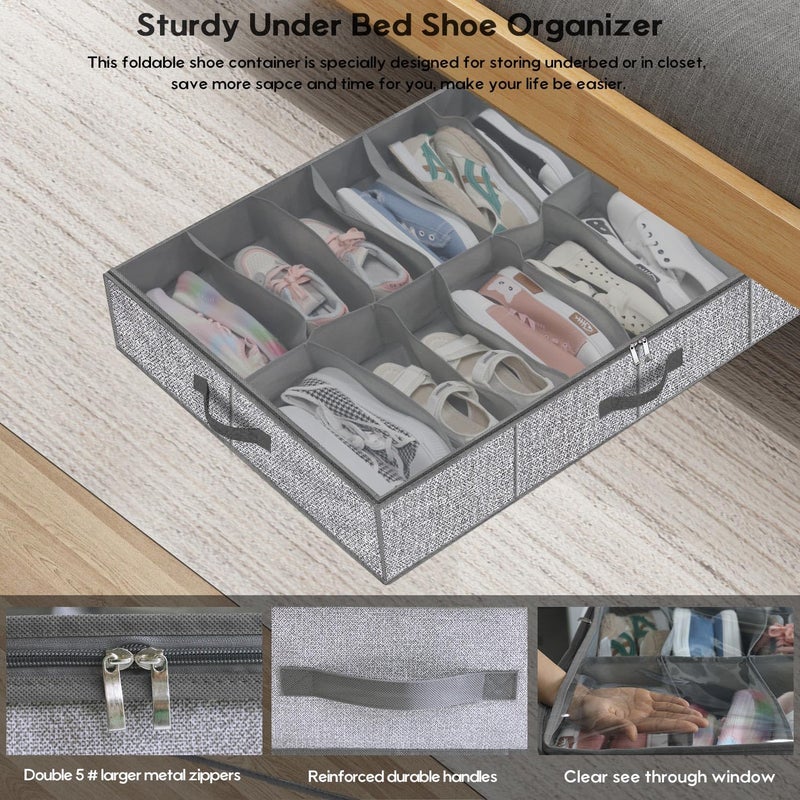 Onlyeasy Sturdy Under Bed Shoe Storage Organizers with Handles & Clear Window (16 to 32 Pairs) 2 Pack, Closet Shoes Containers Boxes for Kids & Adults, 37.7"x23.6"x5.9", Linen-like Grey, MXDUBS16P2 - Image 4