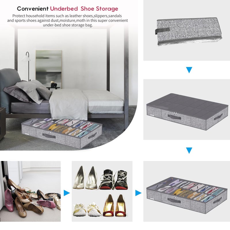 Onlyeasy Sturdy Under Bed Shoe Storage Organizers with Handles & Clear Window (16 to 32 Pairs) 2 Pack, Closet Shoes Containers Boxes for Kids & Adults, 37.7"x23.6"x5.9", Linen-like Grey, MXDUBS16P2 - Image 5