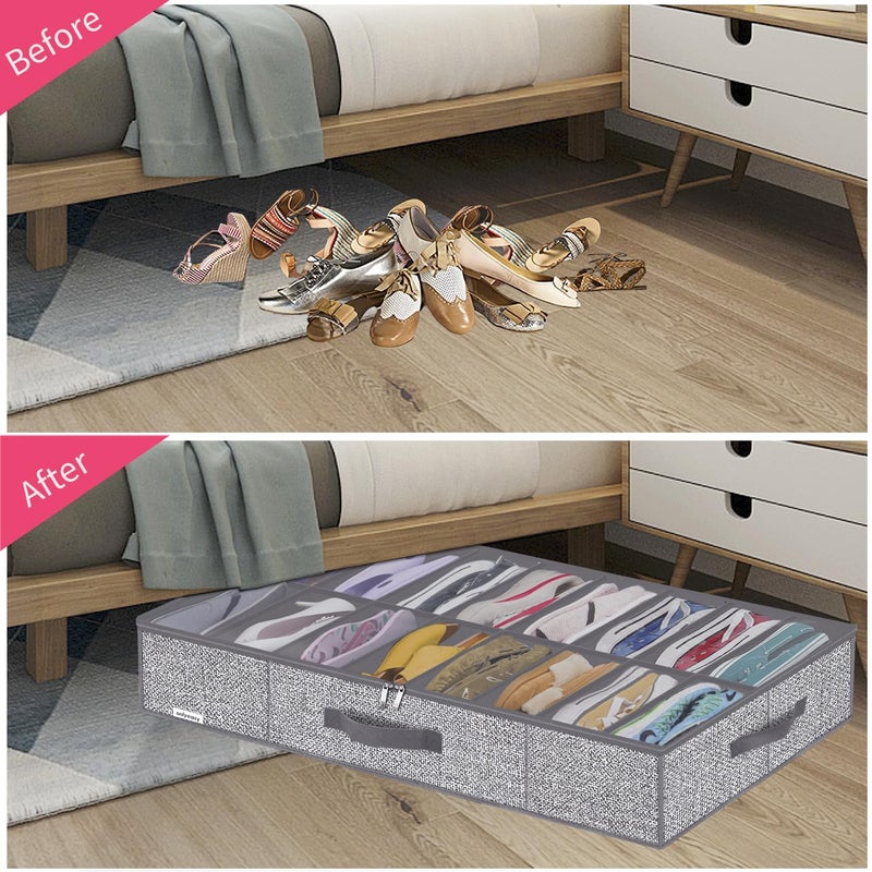Onlyeasy Sturdy Under Bed Shoe Storage Organizers with Handles & Clear Window (16 to 32 Pairs) 2 Pack, Closet Shoes Containers Boxes for Kids & Adults, 37.7"x23.6"x5.9", Linen-like Grey, MXDUBS16P2 - Image 3