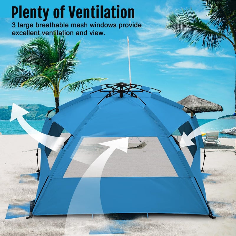 WhiteFang XL Pop Up Beach Tent Sun Shade Shelter for 3-4 Person with Blackout Shelter, UV Protection, Extendable Floor with 3 Ventilating Windows Plus Carrying Bag, Stakes, and Guy Lines (Solid Blue) - Image 3