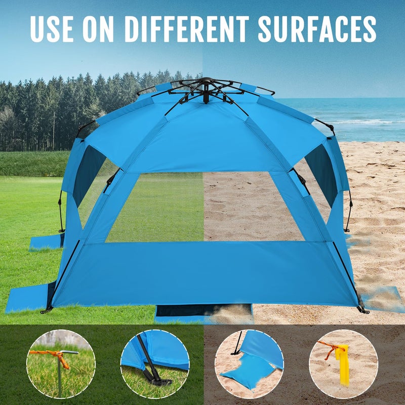 WhiteFang XL Pop Up Beach Tent Sun Shade Shelter for 3-4 Person with Blackout Shelter, UV Protection, Extendable Floor with 3 Ventilating Windows Plus Carrying Bag, Stakes, and Guy Lines (Solid Blue) - Image 5