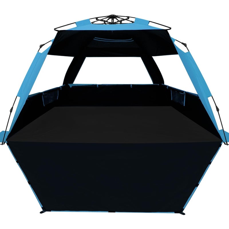 WhiteFang XL Pop Up Beach Tent Sun Shade Shelter for 3-4 Person with Blackout Shelter, UV Protection, Extendable Floor with 3 Ventilating Windows Plus Carrying Bag, Stakes, and Guy Lines (Solid Blue) - Image 1
