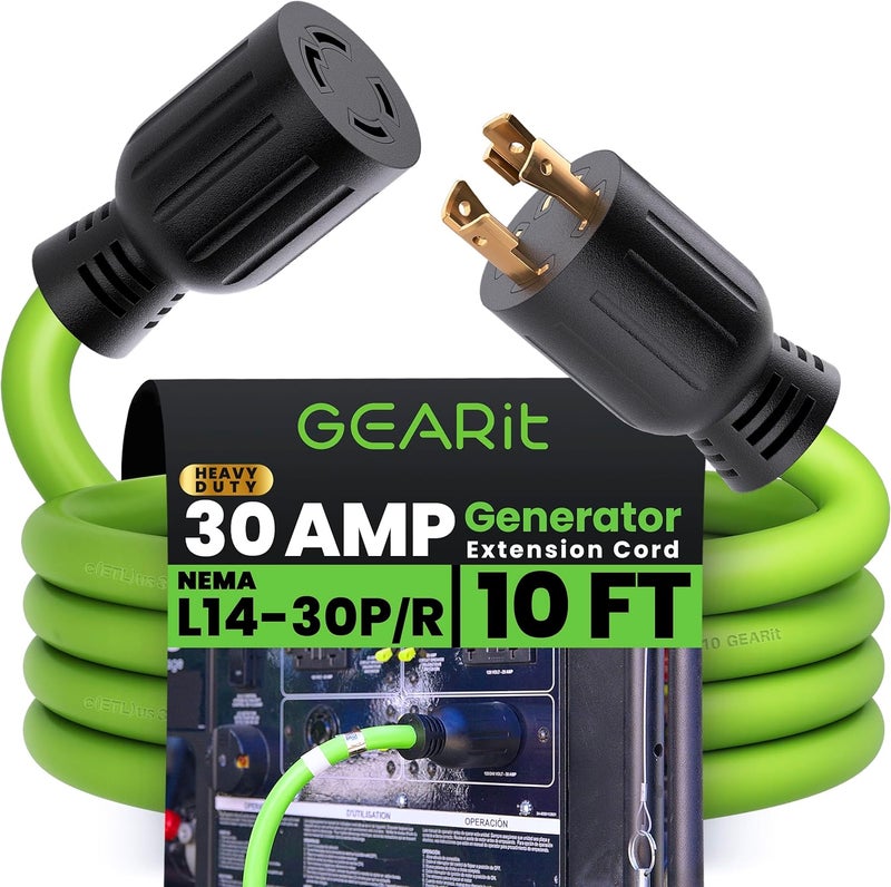 GearIT 30-Amp Generator Extension Cord, 120/250-Volt, 4-Prong, 7500W, NEMA L14-30P/L L14-30R, 10 Gauge SJTW Locking Power Cord for Manual Transfer Switch, Portable Generator Power Outage, 10 Ft, Green - Image 1