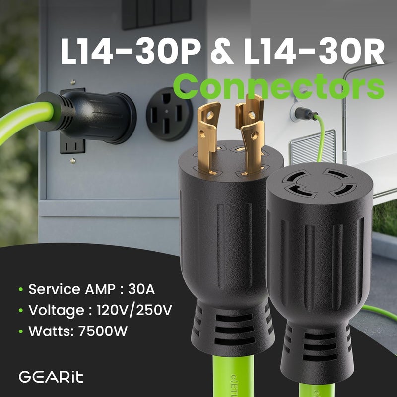 GearIT 30-Amp Generator Extension Cord, 120/250-Volt, 4-Prong, 7500W, NEMA L14-30P/L L14-30R, 10 Gauge SJTW Locking Power Cord for Manual Transfer Switch, Portable Generator Power Outage, 10 Ft, Green - Image 2