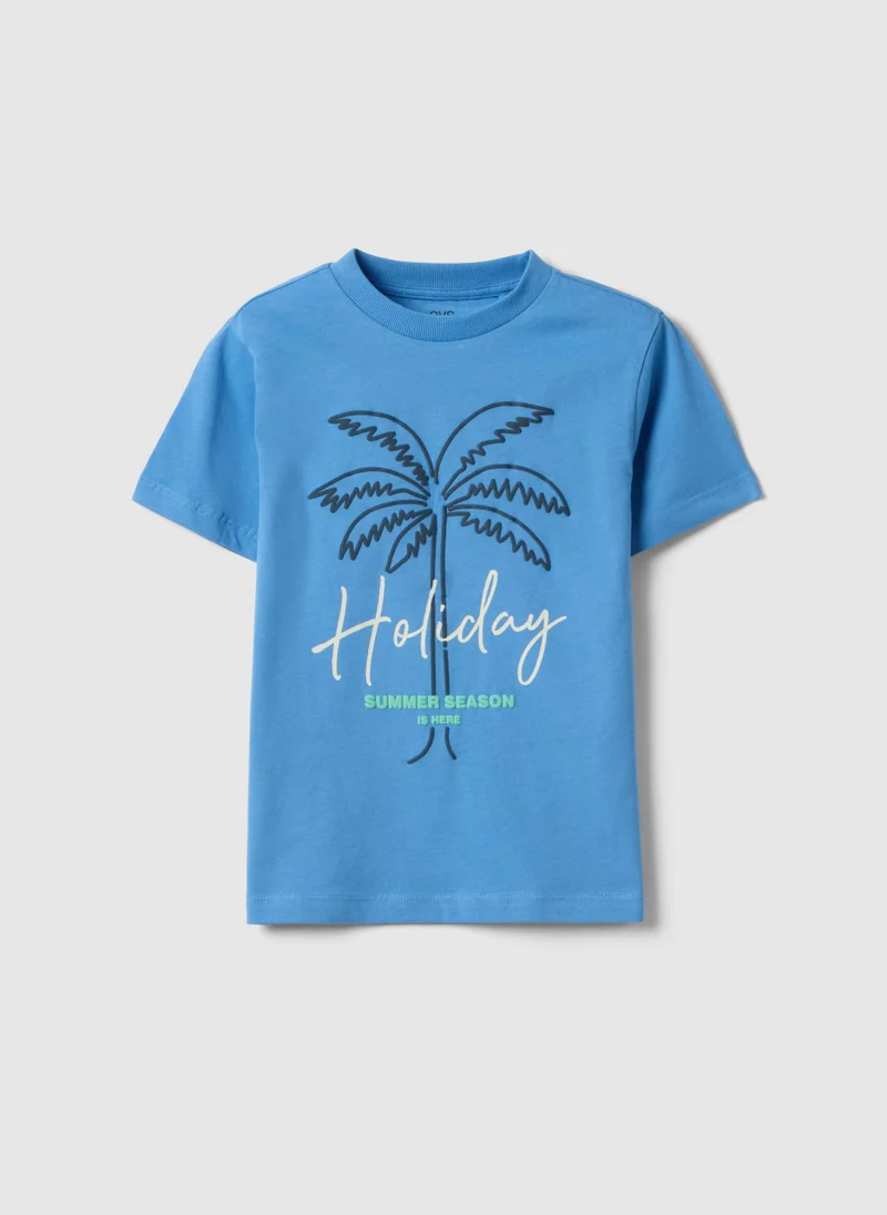 او في اس OVS Blue Cotton Boys' Regular Fit T-Shirt With Palm Print