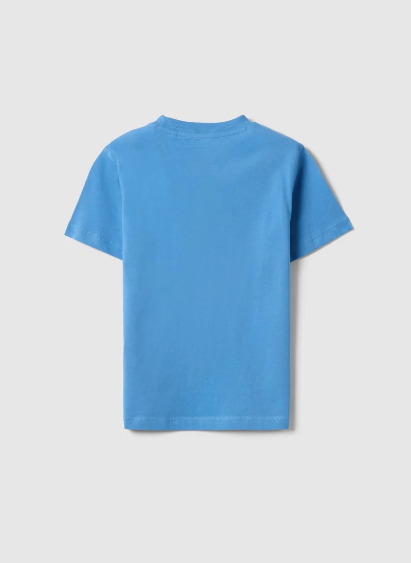 او في اس OVS Blue Cotton Boys' Regular Fit T-Shirt With Palm Print