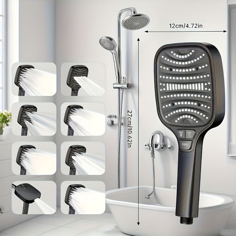 Black Square Shower Head High Pressure 8 Spray Modes Dual Function Handheld Rainfall System - Image 4