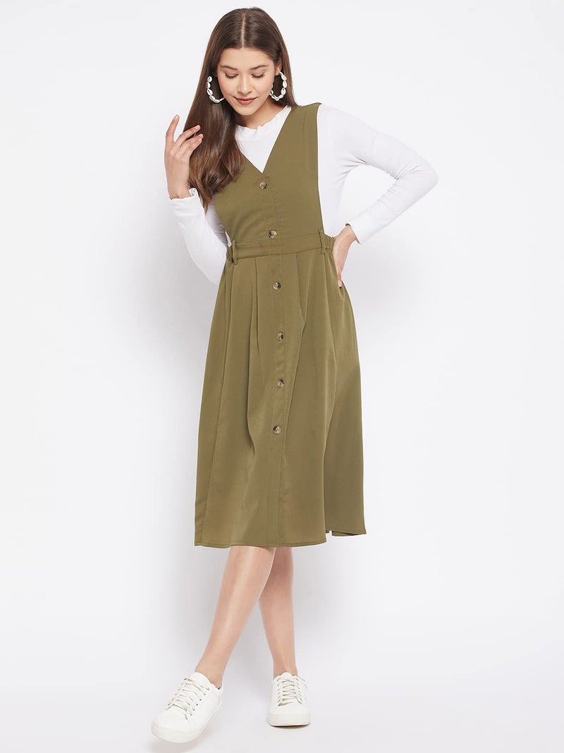 WineRed Women Soild Pinafore Midi Dress With Button Green_S - Image 2