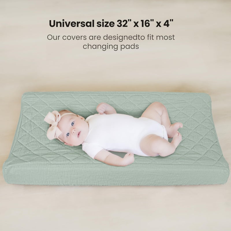 Konssy Waterproof Muslin Changing Pad Cover 2 Pack, Quilted Cotton Fitted Diaper Changing Table Cover, Soft Changing Pad Sheets for Girls Boys (Leafy,Green) - Image 5