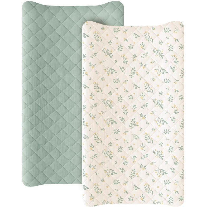 Konssy Waterproof Muslin Changing Pad Cover 2 Pack, Quilted Cotton Fitted Diaper Changing Table Cover, Soft Changing Pad Sheets for Girls Boys (Leafy,Green) - Image 1