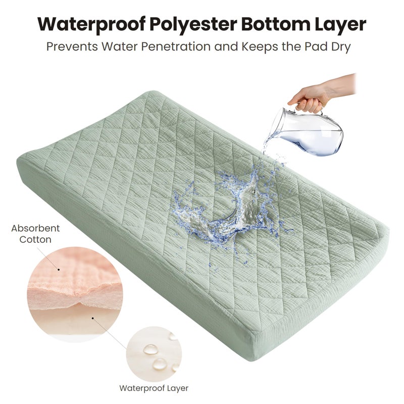 Konssy Waterproof Muslin Changing Pad Cover 2 Pack, Quilted Cotton Fitted Diaper Changing Table Cover, Soft Changing Pad Sheets for Girls Boys (Leafy,Green) - Image 2