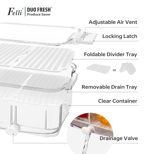 Felli Duo Fresh Produce Saver for Fridge, Fruit Vegetable Container with Vent & Drainage in Bottom for Wash, Colander Strainer Storage Bin for Refrigerator, Berry Lettuce Keeper, Christmas Gifts - Image 3
