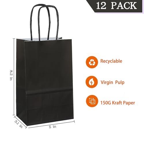 AZOWA Gift Bags Black Kraft Paper Bags with Handles (Black, 12 Pcs, 5 x 3.1 x 8.2 in) - Image 2