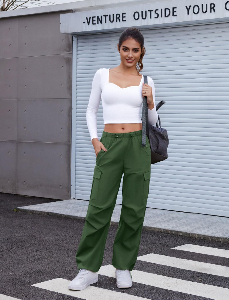COPYLEAF Cargo Pants Women Elastic Waisted Parachute Hiking Pants with Pockets Water Resistant Lightweight Baggy Pants(Army Green L) - Image 3