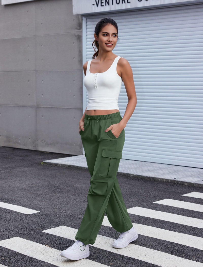COPYLEAF Cargo Pants Women Elastic Waisted Parachute Hiking Pants with Pockets Water Resistant Lightweight Baggy Pants(Army Green L) - Image 4