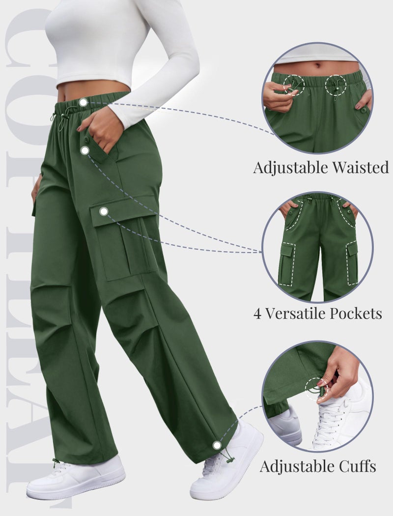 COPYLEAF Cargo Pants Women Elastic Waisted Parachute Hiking Pants with Pockets Water Resistant Lightweight Baggy Pants(Army Green L) - Image 5