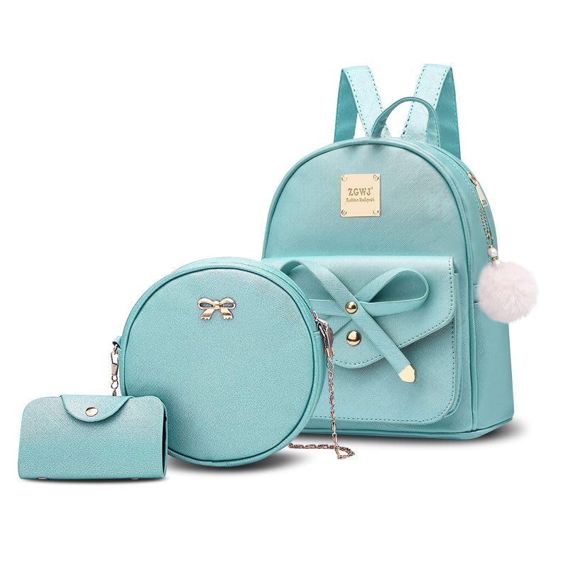 Aogist Mini Leather Backpack Purse 3Pieces Fashion Bowknot Zipper Bags Cute Casual Travel Daypacks for Women Pearl Blue