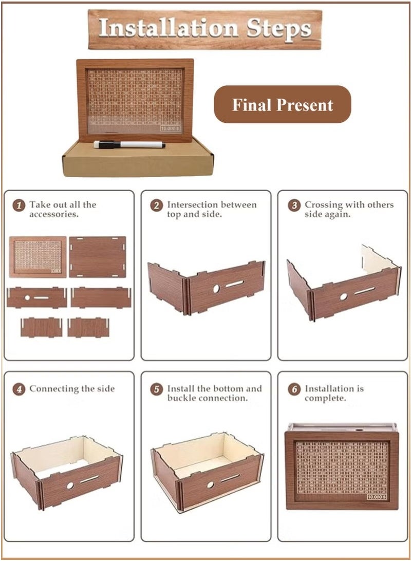 Wooden Money Saving Box|Reusable Money Box With Erasable Marker and Counter,Currency/Cash/Coin Saver, gy Bank, Wooden Material Sturdy No Damage Reusable Smooth No Burrs Tool Saving, Money Donation Container, Target Best Holidays, Birthdays, Other Events Gift for Friends,Adults,Kids(10000 Dirhams/Dollars) - Image 3
