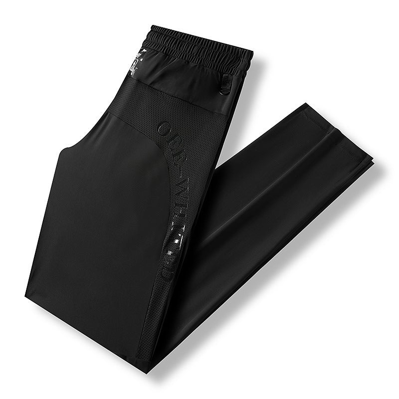 Mens Ice Silk Stretch Casual Pants Spring Summer black straight tube 