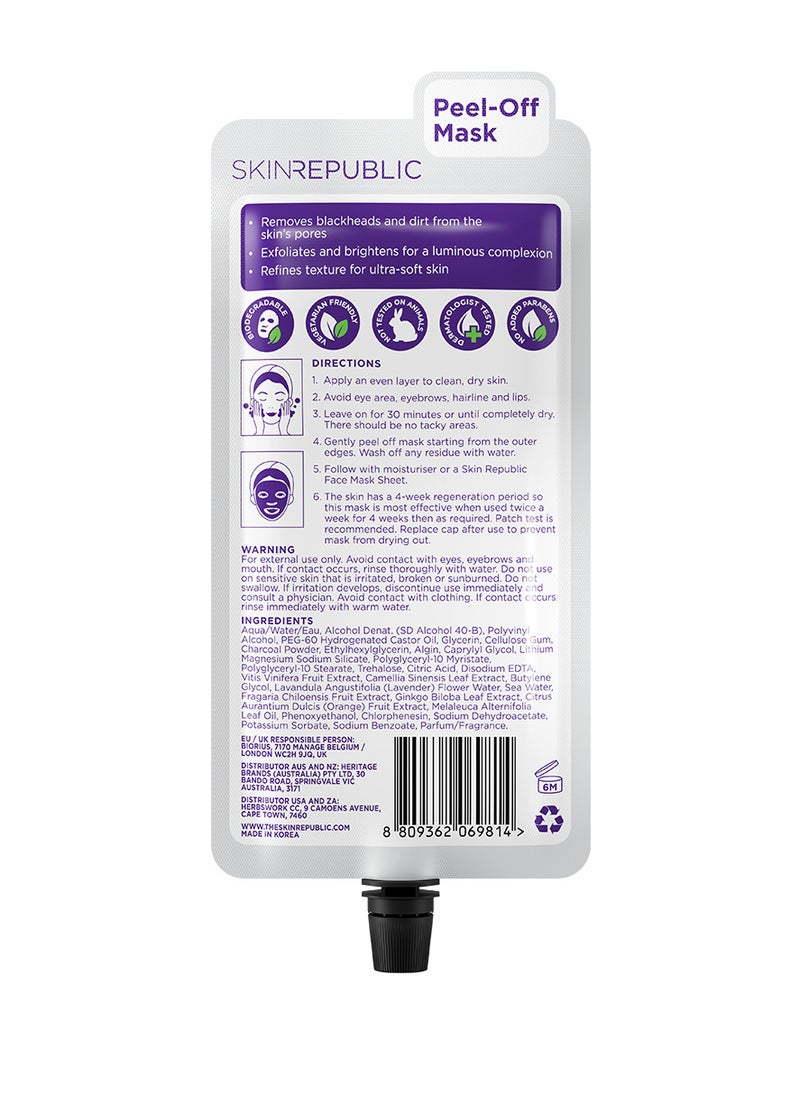 SKIN REPUBLIC - Skin Republic Charcoal Peel-Off cleansing Face Mask Sheet, Exfoliates and removes blackheads 25ml (3 Applications) - Image 1