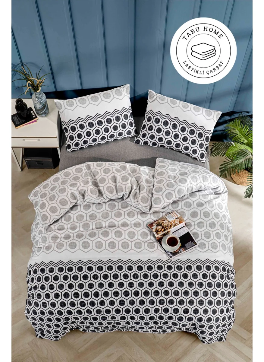 Tabu Home Geometric Anthracite Single Duvet Cover Set with Elastic Sheets