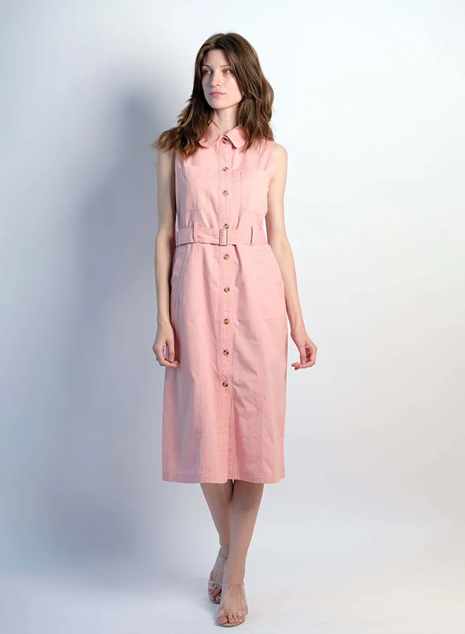 فيرجيو VIRGIO 100% Cotton Front Open Twill Dress With Belt