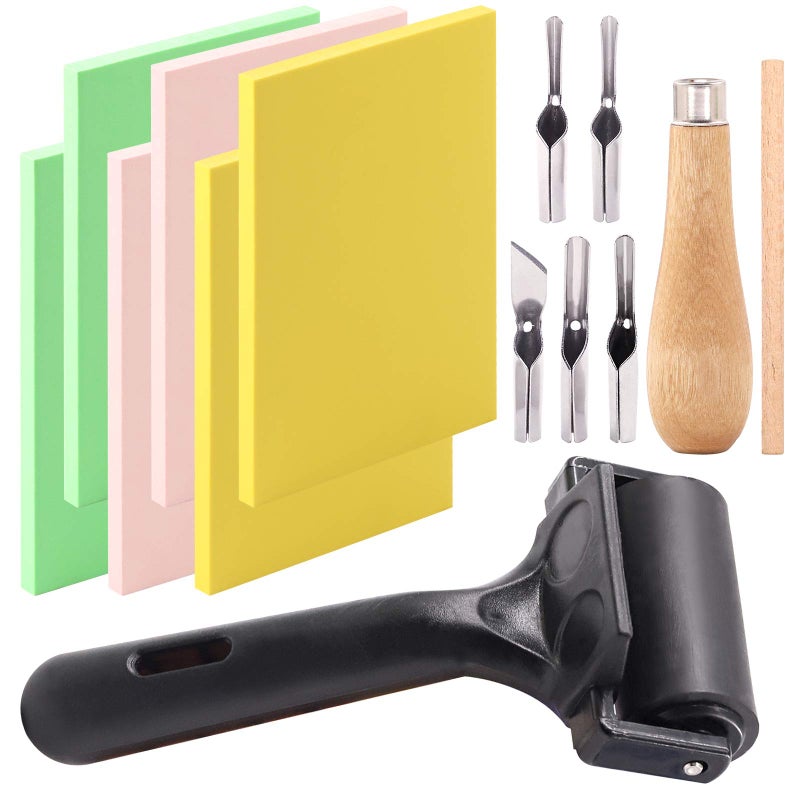 Keadic 12Pcs Soft Rubber Carving Blocks Kit Comes with Linoleum Cutter Tools 2 Inches Rubber Roller Brayer Rollers Glue Roller for Ink Paint Block Stamping Printmaking Wallpaper and Arts Crafts