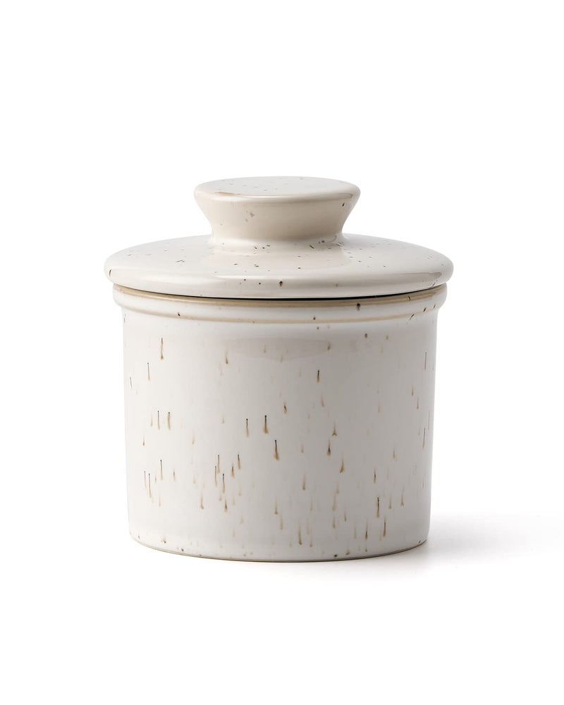 XELA Ceramic Butter Crock The Original Reactive Glaze Speckled White Butter Dish With Water Line for Spreadable Fresh Butter Speckled White