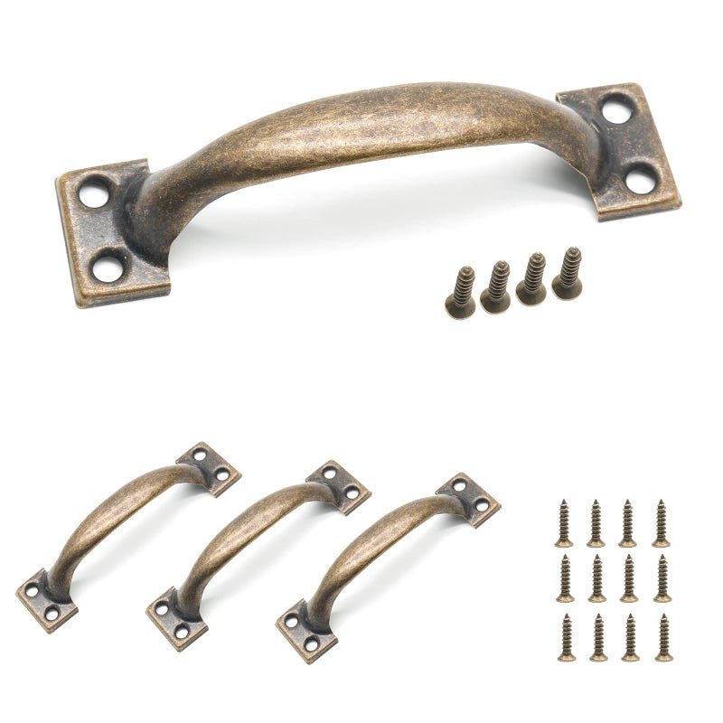 Jersvimc 4Pcs 4 Inch Bronze Metal Cabinet Handles, Rustic Drawer Pulls Vintage Dresser Handles Curved Cupboard Handles for Kitchen Furniture Closet Door - Image 1