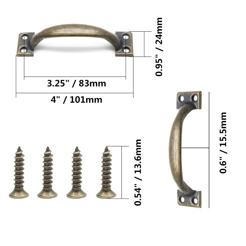 Jersvimc 4Pcs 4 Inch Bronze Metal Cabinet Handles, Rustic Drawer Pulls Vintage Dresser Handles Curved Cupboard Handles for Kitchen Furniture Closet Door - Image 3
