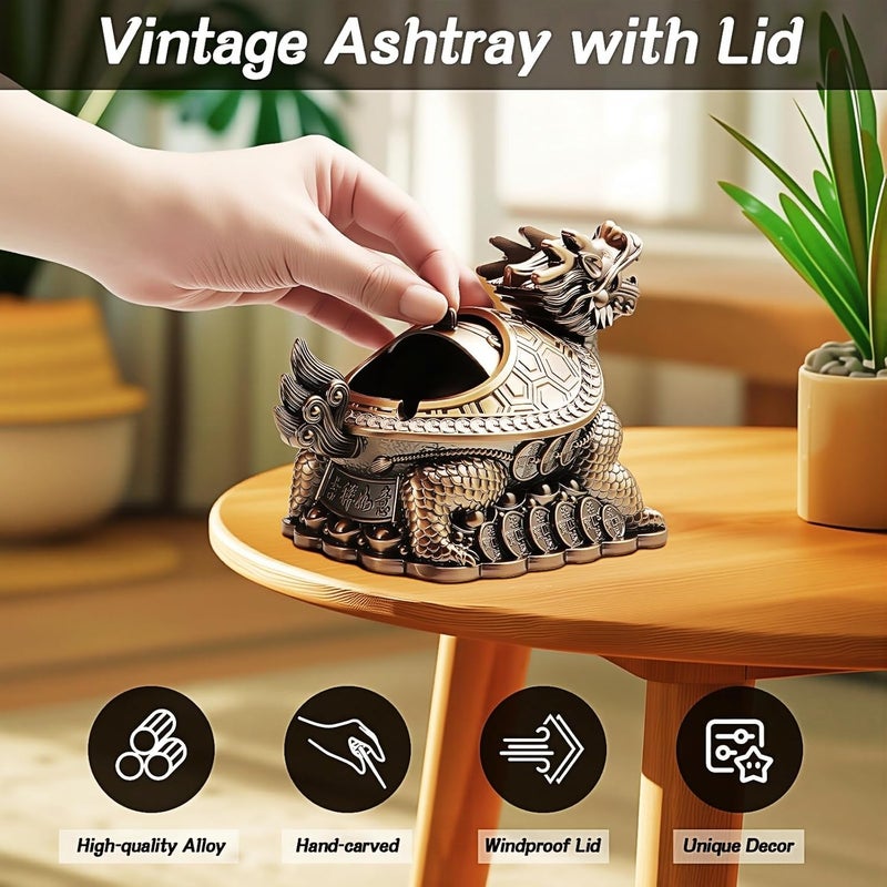 Stylitzy Vintage Ashtray with Lid for Cigarettes,Metal Windproof Smokeless Odorless Ash Tray Holder for Indoor Outdoor Decorative Hand-Carved Fancy Gift Ornament for Home Office (Dragon Turtle) - Image 3