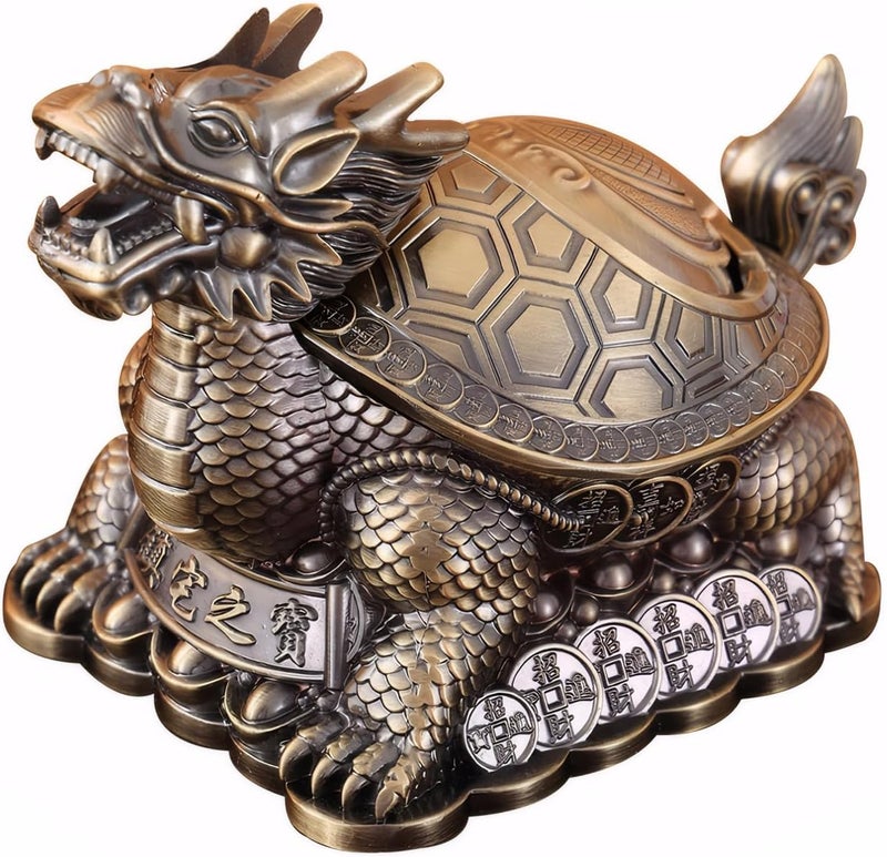 Stylitzy Vintage Ashtray with Lid for Cigarettes,Metal Windproof Smokeless Odorless Ash Tray Holder for Indoor Outdoor Decorative Hand-Carved Fancy Gift Ornament for Home Office (Dragon Turtle) - Image 1