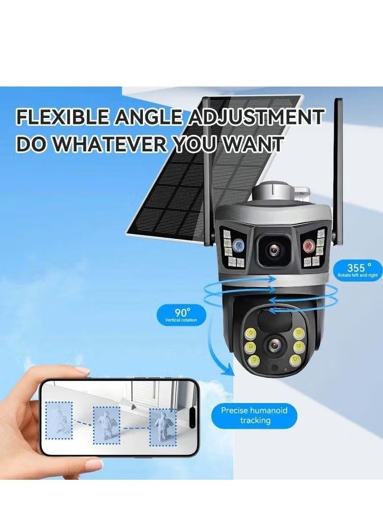 TIGER NEW V380 Dual Lens Wireless Solar Camera – 6MP 4G Self-Tracking Outdoor Security Camera with Solar Power, HD Night Vision, Motion Detection, Two-Way Audio, Waterproof and Weatherproof, Ideal for Home & Business Security 