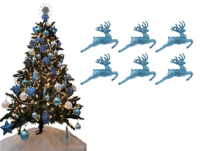 Simply Products Pack of 6  Hanging Glitter Reindeer Christmas Tree Decorations  22cm x 95cm Ice Blue