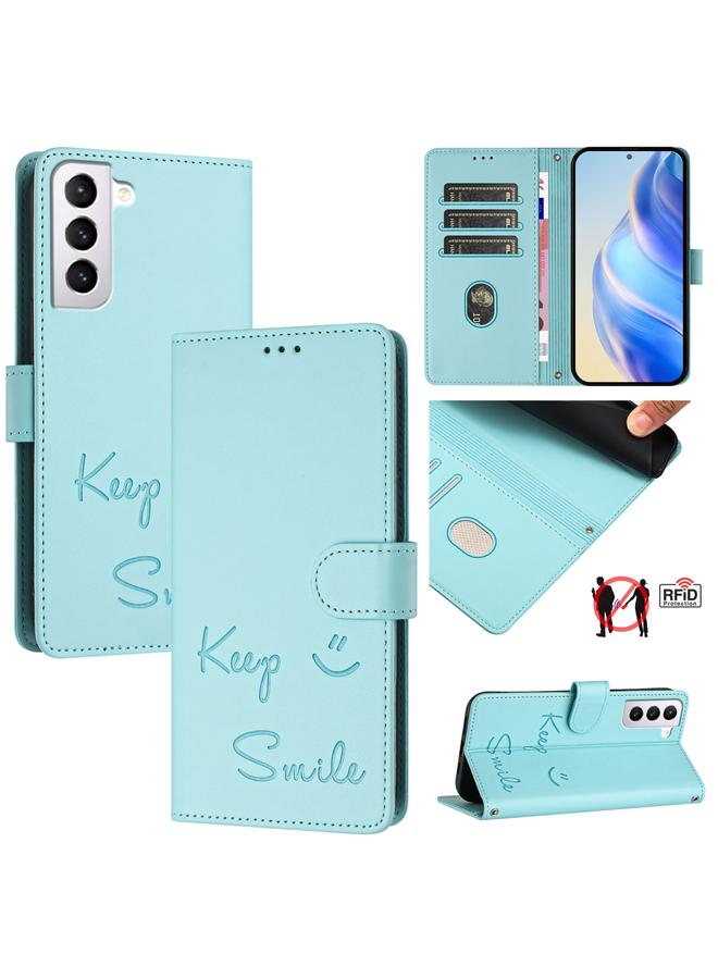 For Samsung Galaxy S21 5G Smile Embossing RFID Leather Phone Case(Mint Green)