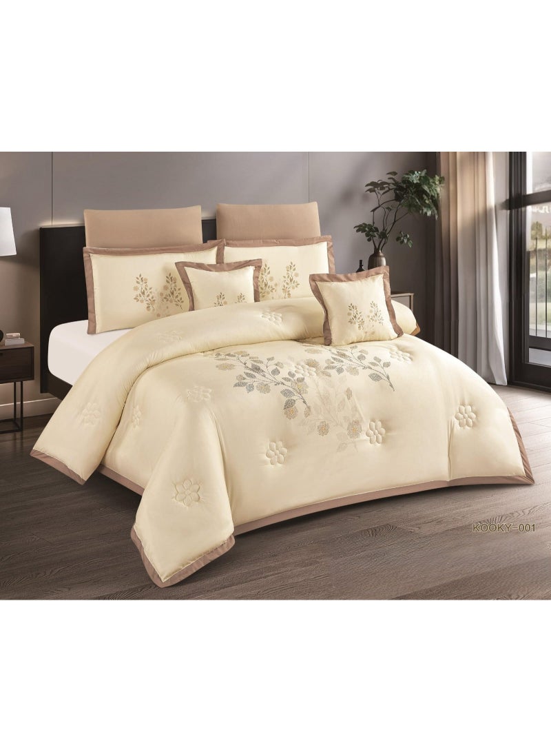 Summer double bed set (one and a half size) with elegant floral embroidery. Soft microfiber, full filling, 5pieces: 1 comforter (170 x 230 cm), 1 fitted sheet (120 x 200 cm), 2 pillowcases (75 x 50 cm), 1 cushion cover (45 x 45 cm).