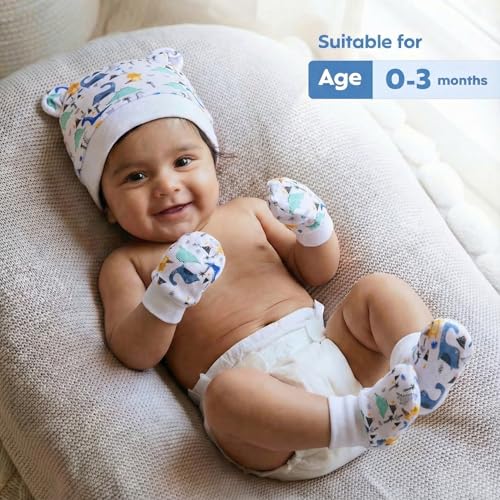 a baby cherry قبعة أطفال من قطن عضوي 100%، مجموعة قفازات وجوارب للأطفال حديثي الولادة، ناعمة ومريحة ومثالية من 0-3 أشهر | ملحقات أطفال غير محددة الجنس - Image 3