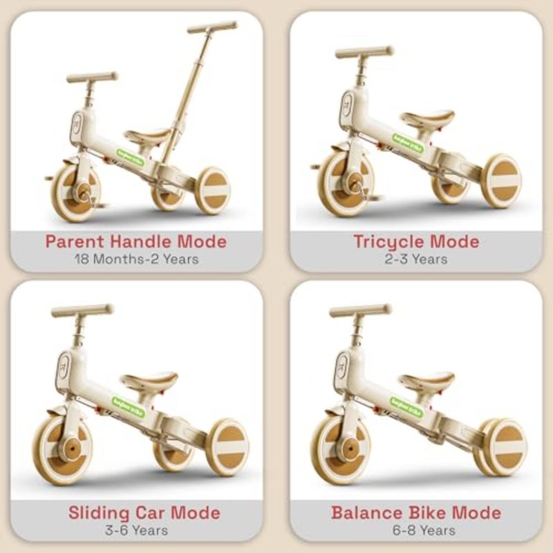 Toddler balance bike and tricycle for indoor/outdoor use, premium steel frame, brown finish, foldable design with 3-height adjustable parental handle for ages 1.55 years - Image 4