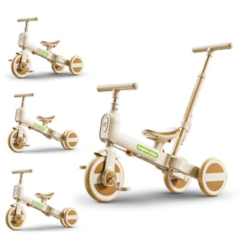 Toddler balance bike and tricycle for indoor/outdoor use, premium steel frame, brown finish, foldable design with 3-height adjustable parental handle for ages 1.55 years - Image 1