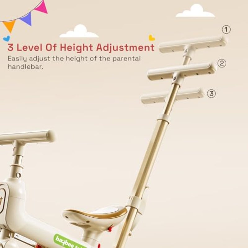 Toddler balance bike and tricycle for indoor/outdoor use, premium steel frame, brown finish, foldable design with 3-height adjustable parental handle for ages 1.55 years - Image 3