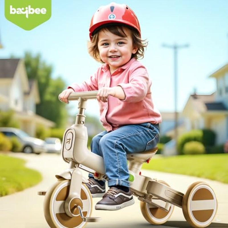 Toddler balance bike and tricycle for indoor/outdoor use, premium steel frame, brown finish, foldable design with 3-height adjustable parental handle for ages 1.55 years - Image 2
