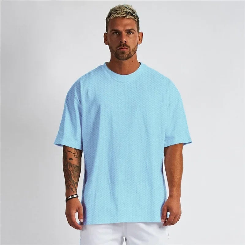 Large Size Oversized Solid Color Shoulder Loose Bodybuilding Fitness Short Sleeve T-shirt Men''s Mesh Breathable Half Sleeve - Image 5